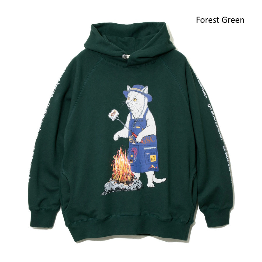 go slow caravan ゴースローキャラバン 空紡糸裏毛 焚き火アニマルプルパーカー 猫 (MENS/WOMENS) 秋冬 メンズ レディース