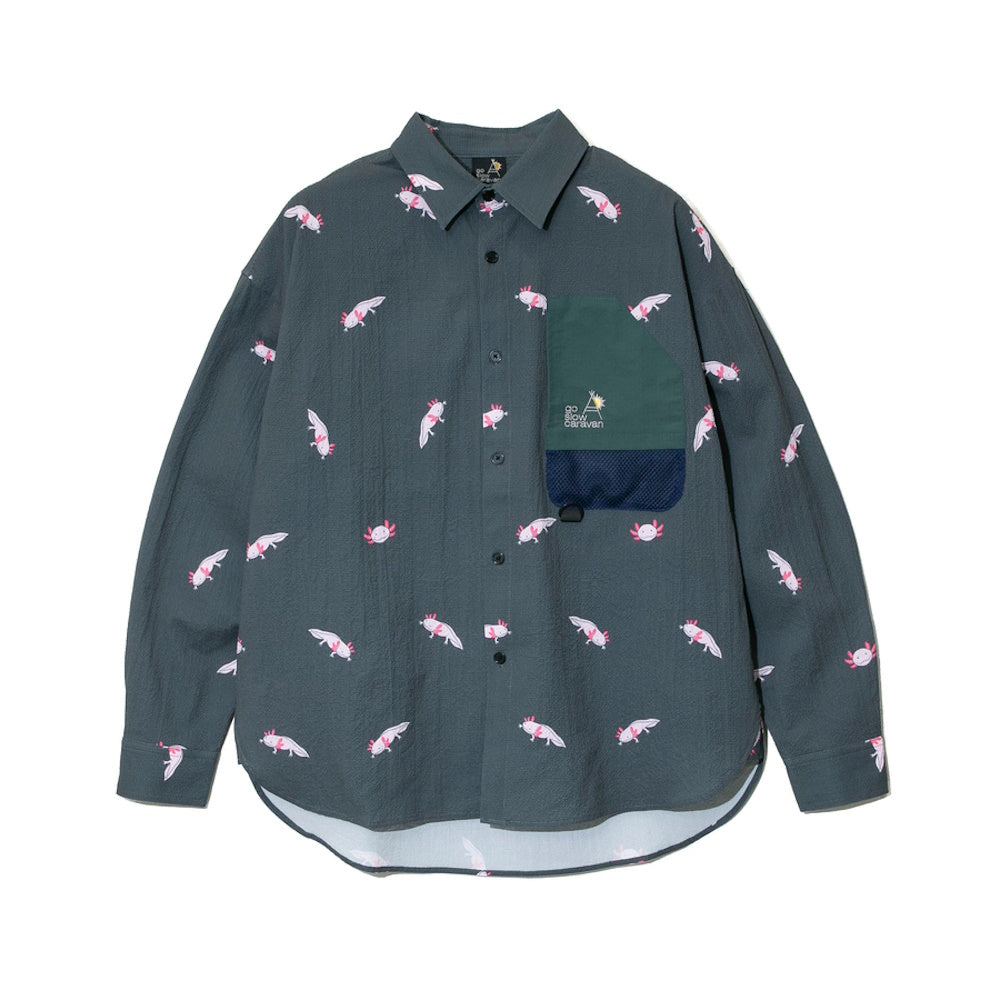 go slow caravan ゴースローキャラバン 【ストレッチサッカー総柄プリントユーティリティーシャツ (MENS/WOMENS)