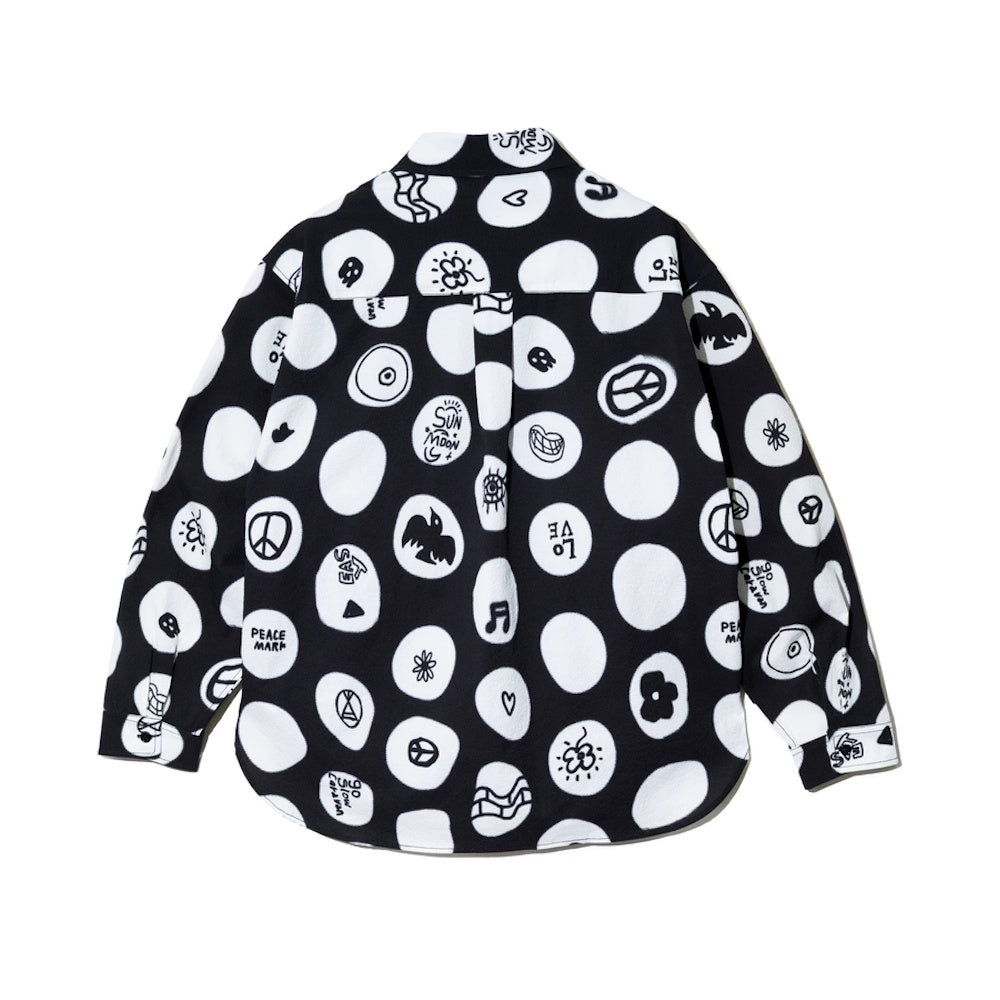 go slow caravan ゴースローキャラバン ストレッチサッカー総柄プリントユーティリティーシャツ (MENS/WOMENS) ブラック:ピースドット