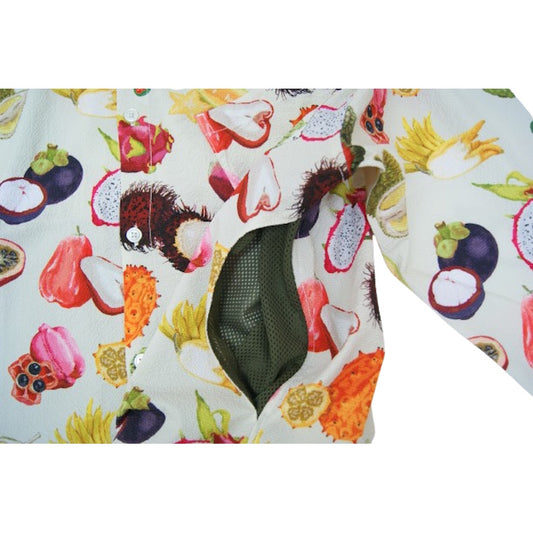 go slow caravan ゴースローキャラバン ストレッチサッカー総柄プリントユーティリティーシャツ (MENS/WOMENS) トロピカルフルーツ