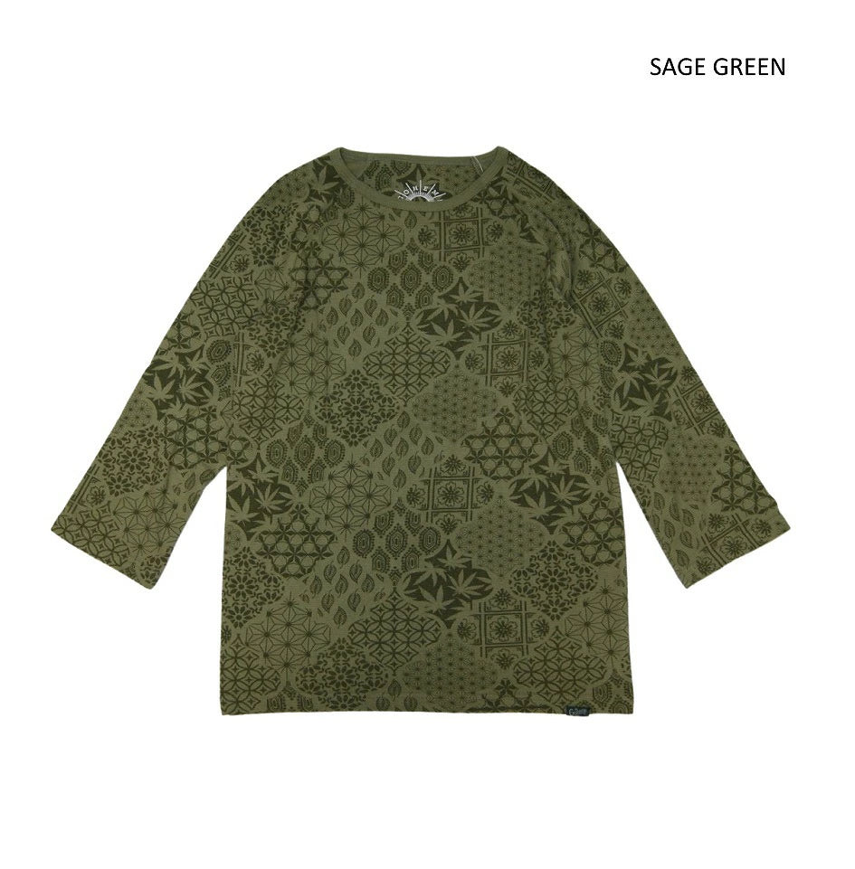 GOHEMP ゴーヘンプ BASE BALL SLEEVE CREW 総柄 ベースボールスリーブTシャツ メンズ レディース 9分袖Tシャツ インナー 秋冬 ラグラン