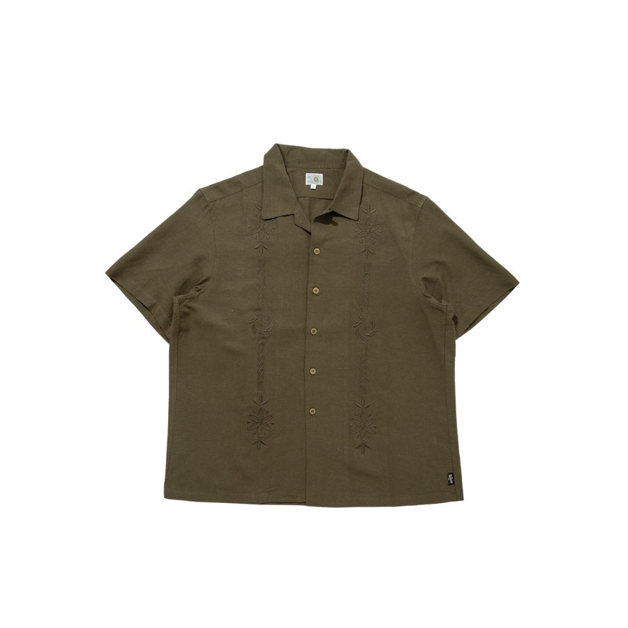 GOHEMP ゴーヘンプ OPEN MIND SHIRTS 麻柄刺しゅう ヘンプ シャツ 春夏 半袖シャツ BLACK OLIVE