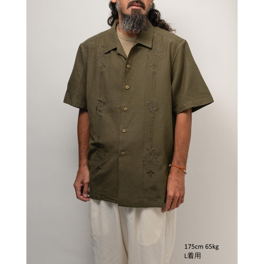 GOHEMP ゴーヘンプ OPEN MIND SHIRTS 麻柄刺しゅう ヘンプ シャツ 春夏 半袖シャツ BLACK OLIVE