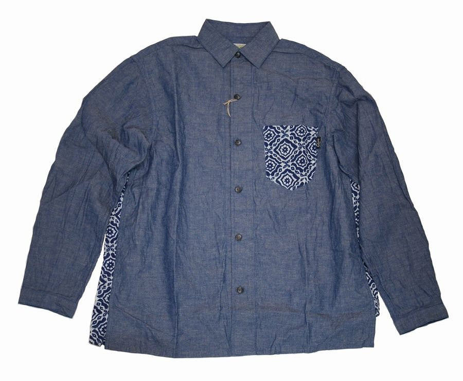 送料無料!ヘンプダンガリーとインディゴバティックの切り替えシリーズ。GO HEMPSHITAMACHI L/SL SHIRTS / H/C DUNGAREE × BATIK(メンズ)