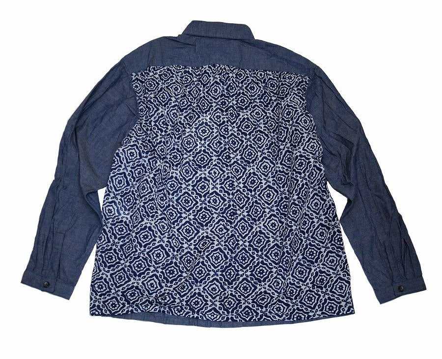 送料無料!ヘンプダンガリーとインディゴバティックの切り替えシリーズ。GO HEMPSHITAMACHI L/SL SHIRTS / H/C DUNGAREE × BATIK(メンズ)