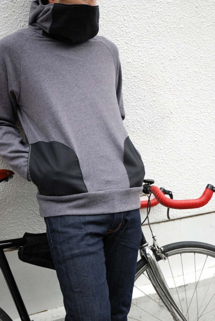 メンズ プルオーバーパーカー 自転車 アウトドア 袖口の指ぬき リフレクター付き SALE!!HB 異素材切り替え変則パーカ ブラック