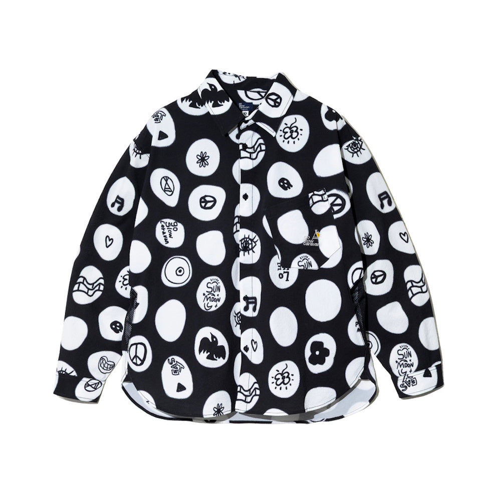 go slow caravan ゴースローキャラバン ストレッチサッカー総柄プリントユーティリティーシャツ (MENS/WOMENS) ブラック：ピースドット