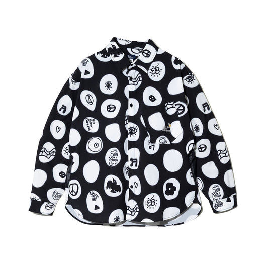 go slow caravan ゴースローキャラバン ストレッチサッカー総柄プリントユーティリティーシャツ (MENS/WOMENS) ブラック：ピースドット