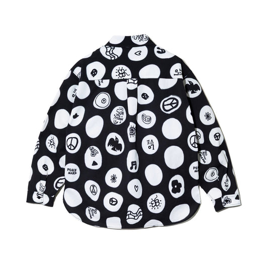 go slow caravan ゴースローキャラバン ストレッチサッカー総柄プリントユーティリティーシャツ (MENS/WOMENS) ブラック：ピースドット