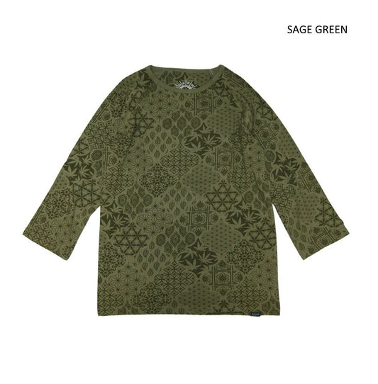 GOHEMP ゴーヘンプ BASE BALL SLEEVE CREW 総柄　ベースボールスリーブTシャツ　メンズ　レディース　9分袖Tシャツ　インナー　秋冬　 ラグラン